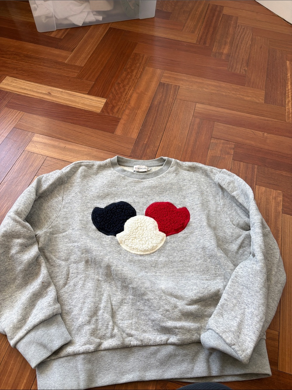 MONCLER Gray Sweatshirt with Red, Navy & Cream Heart Appliqués